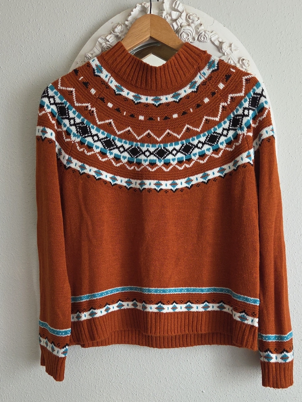 Rust Patterned Fair Isle Turtleneck Sweater